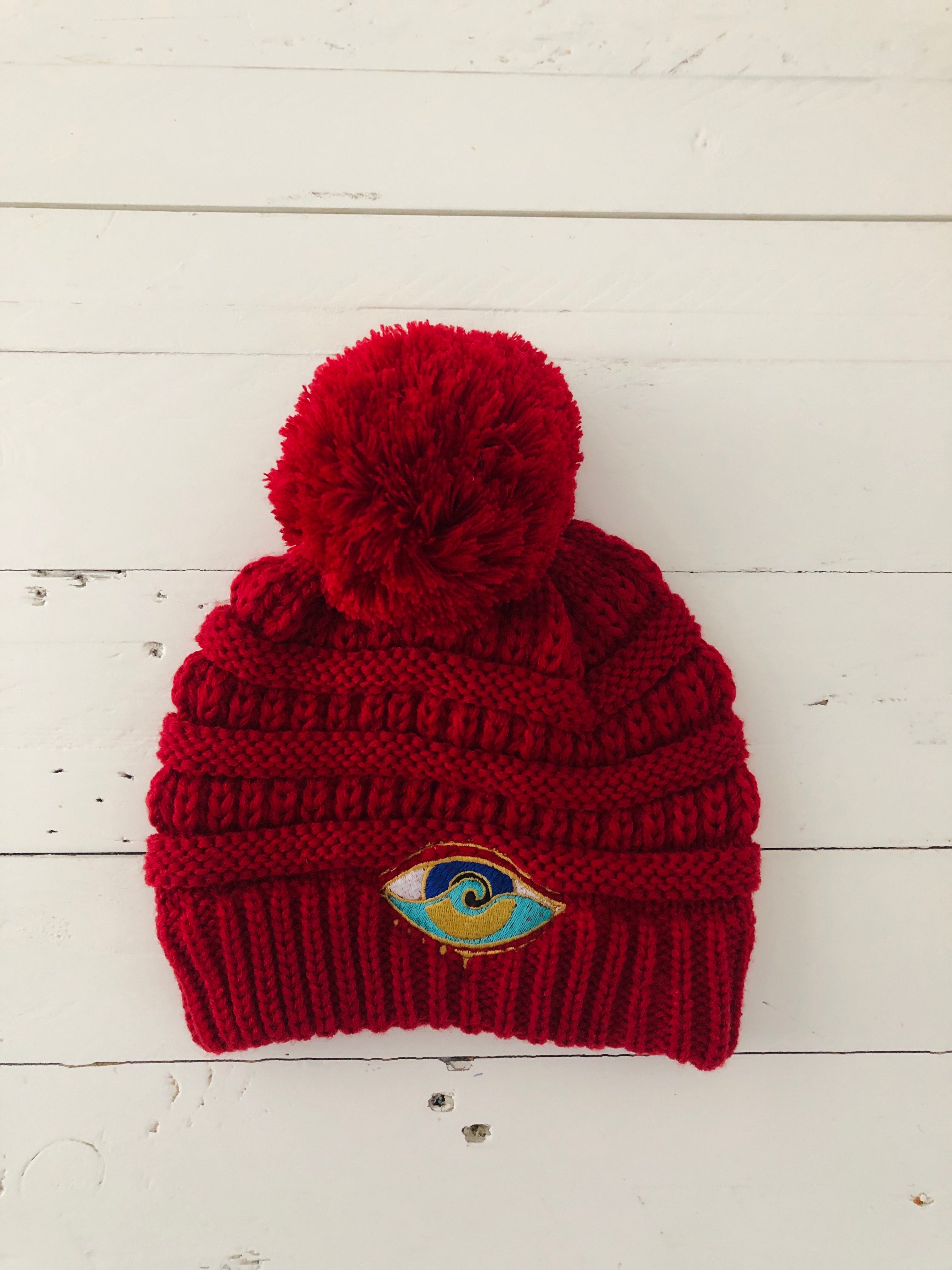 KIDS RED SEANOE POM BEANIE